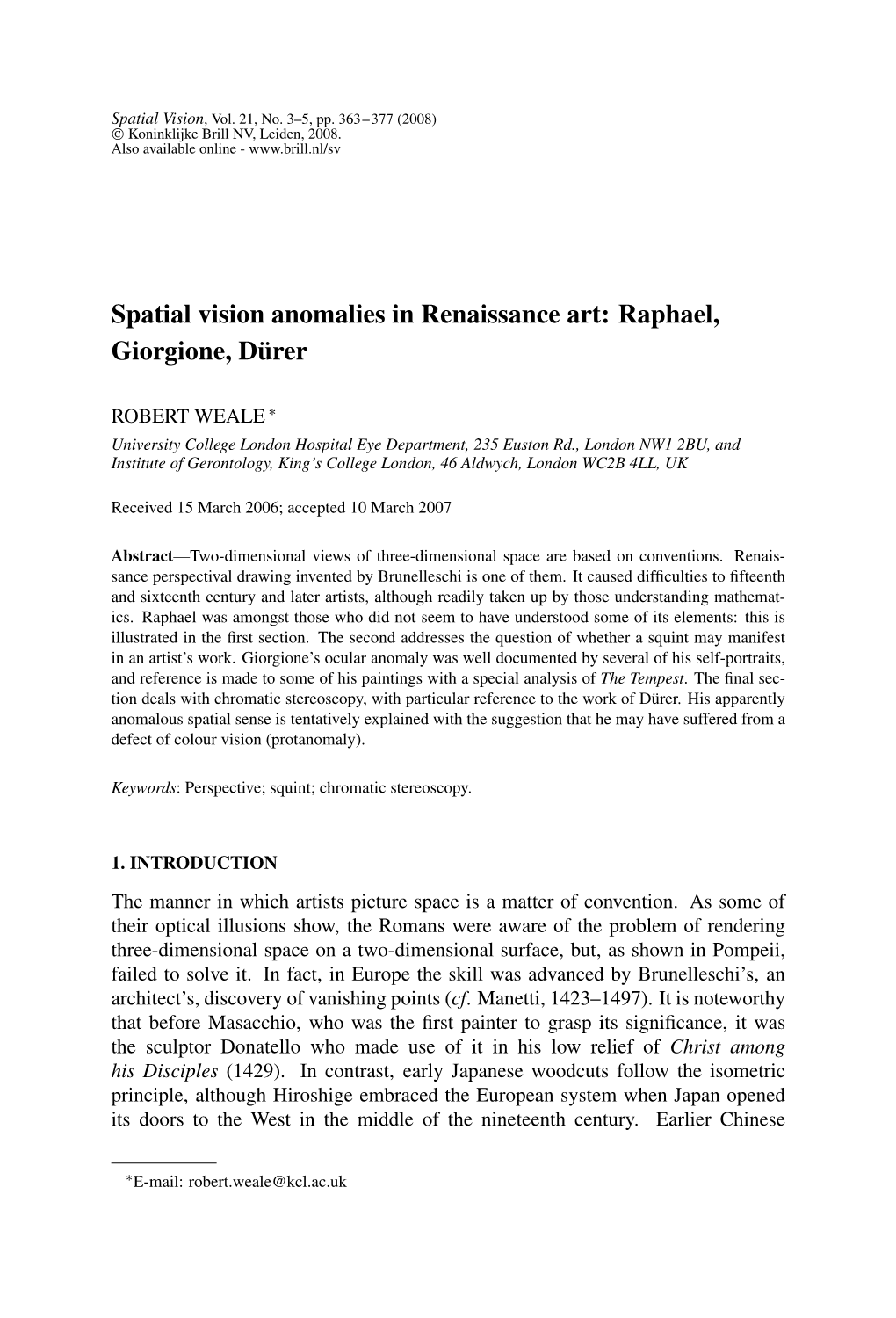 Spatial Vision Anomalies in Renaissance Art: Raphael, Giorgione, Dürer