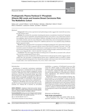 Prediagnostic Plasma Pyridoxal 5 -Phosphate (Vitamin B6) Levels