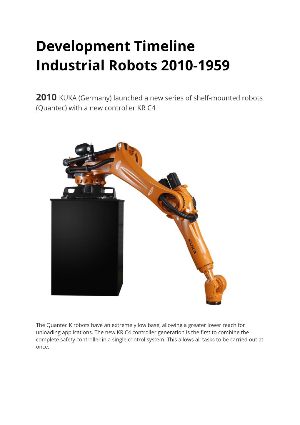 Development Timeline Industrial Robots 2010-1959