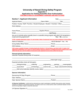 University of Hawaii Diving Safety Program Appendix 1 Application for Visiting Scientific Diver Authorization for EMPLOYEES of GOVERNMENT AGENCIES and INSTITUTIONS