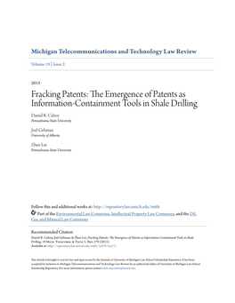 Fracking Patents: the Mee Rgence of Patents As Information-Containment Tools in Shale Drilling Daniel R