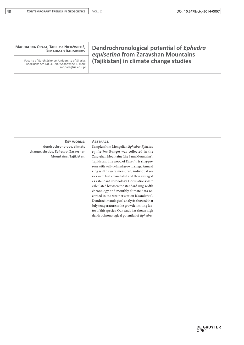 Dendrochronological Potential of Ephedra Equisetina from Zaravshan Mountains Faculty of Earth Science, University of Silesia, Bedzinska Str