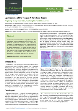 Lipoblastoma of the Tongue: a Rare Case Report Ying Zeng, Chenyi Mao, Li Lin, Hua-Liang Xiao* and Qiaonan Guo