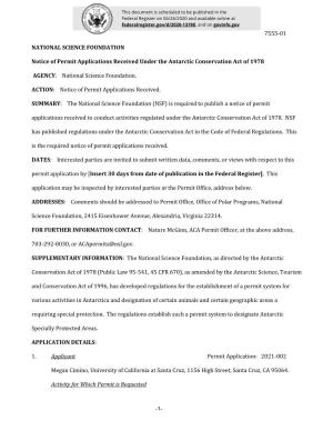 7555-01 NATIONAL SCIENCE FOUNDATION Notice of Permit