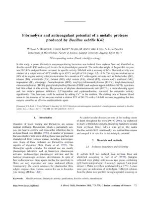 Fibrinolysis and Anticoagulant Potential of a Metallo Protease Produced by Bacillus Subtilis K42