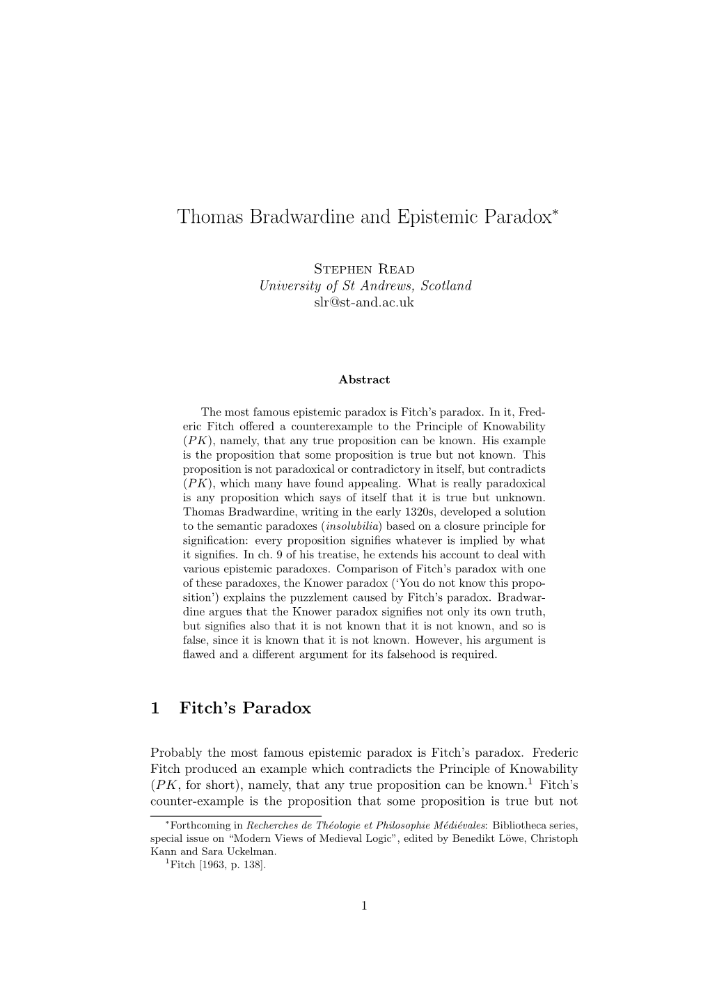 Thomas Bradwardine and Epistemic Paradox∗