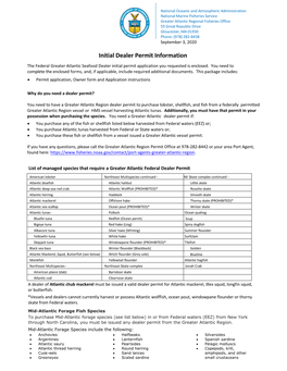 Initial Dealer Permit Information the Federal Greater Atlantic Seafood Dealer Initial Permit Application You Requested Is Enclosed