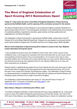 The West of England Celebration of Sport Evening 2013 Nominations Open!