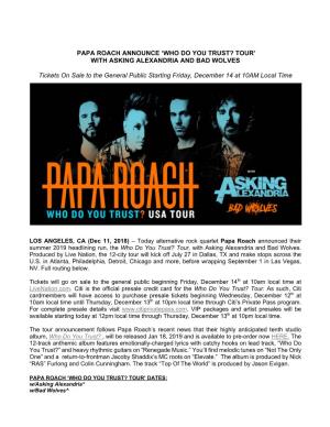 Papa Roach Announce 'Who Do You Trust? Tour' With