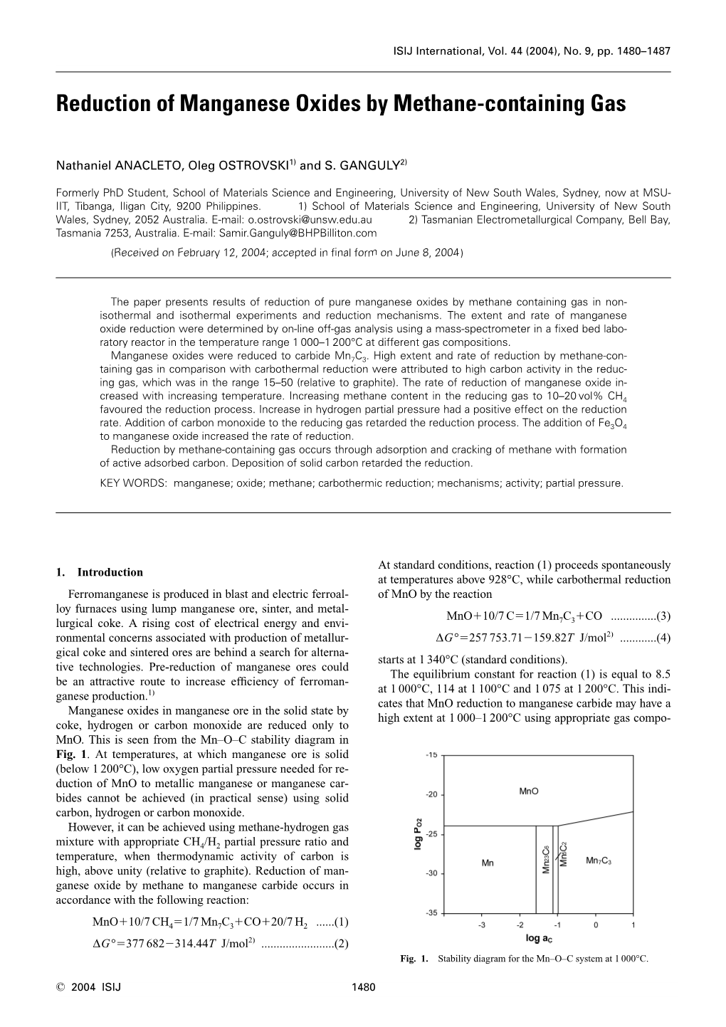 Reduction of Manganese Oxides by Methane-Containing Gas