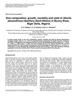 Size Composition, Growth, Mortality and Yield of Alectis Alexandrinus (Geoffory Saint-Hilaire) in Bonny River, Niger Delta, Nigeria