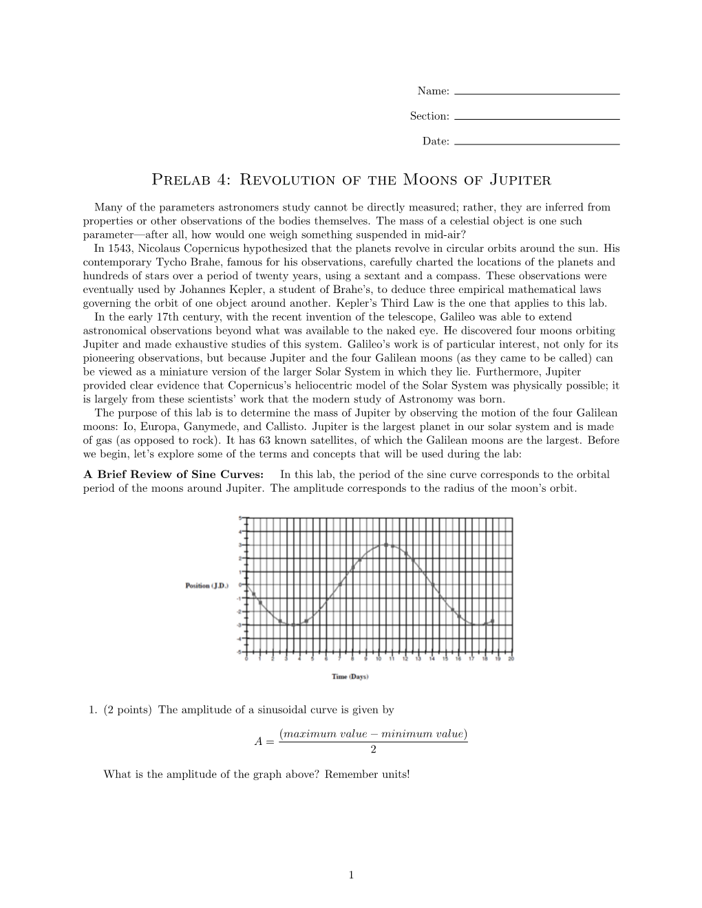 Prelab 4: Revolution of the Moons of Jupiter