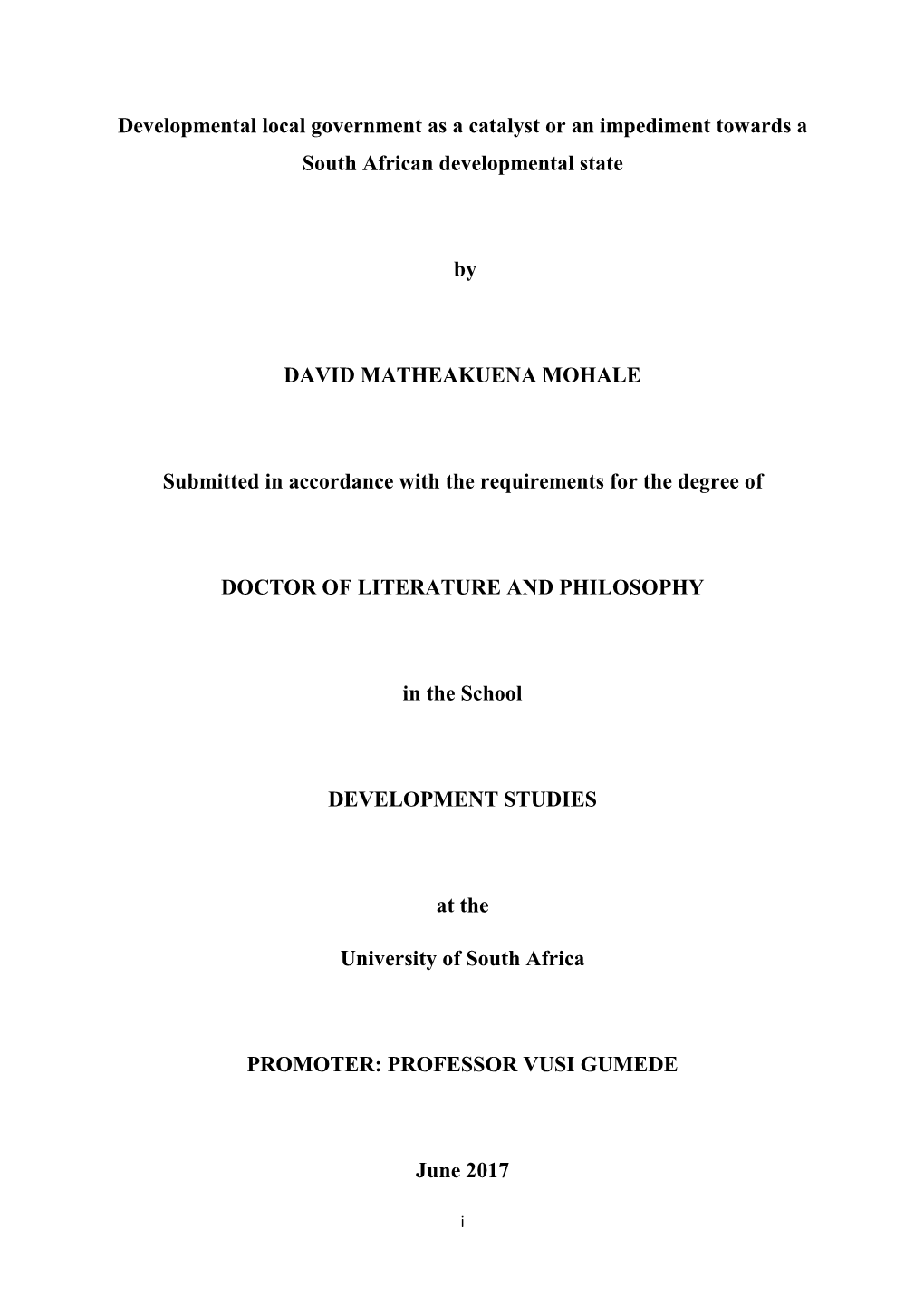 Developmental Local Government As a Catalyst Or an Impediment Towards a South African Developmental State