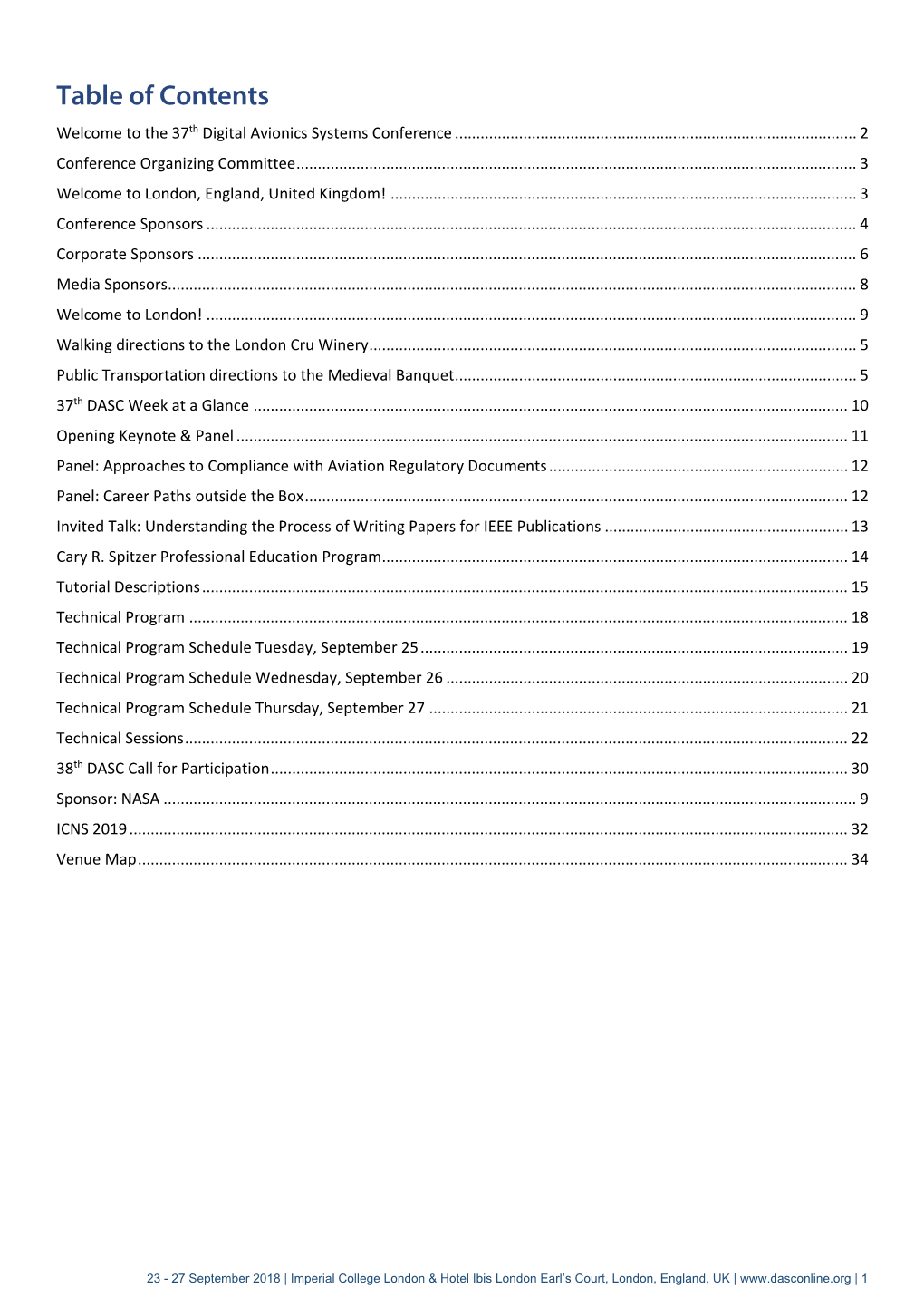 Table of Contents Welcome to the 37Th Digital Avionics Systems Conference