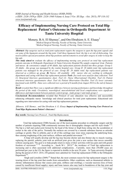 Efficacy of Implementing Nursing Care Protocol on Total Hip Replacement Patient’S Outcome in Orthopedic Department at Tanta University Hospital