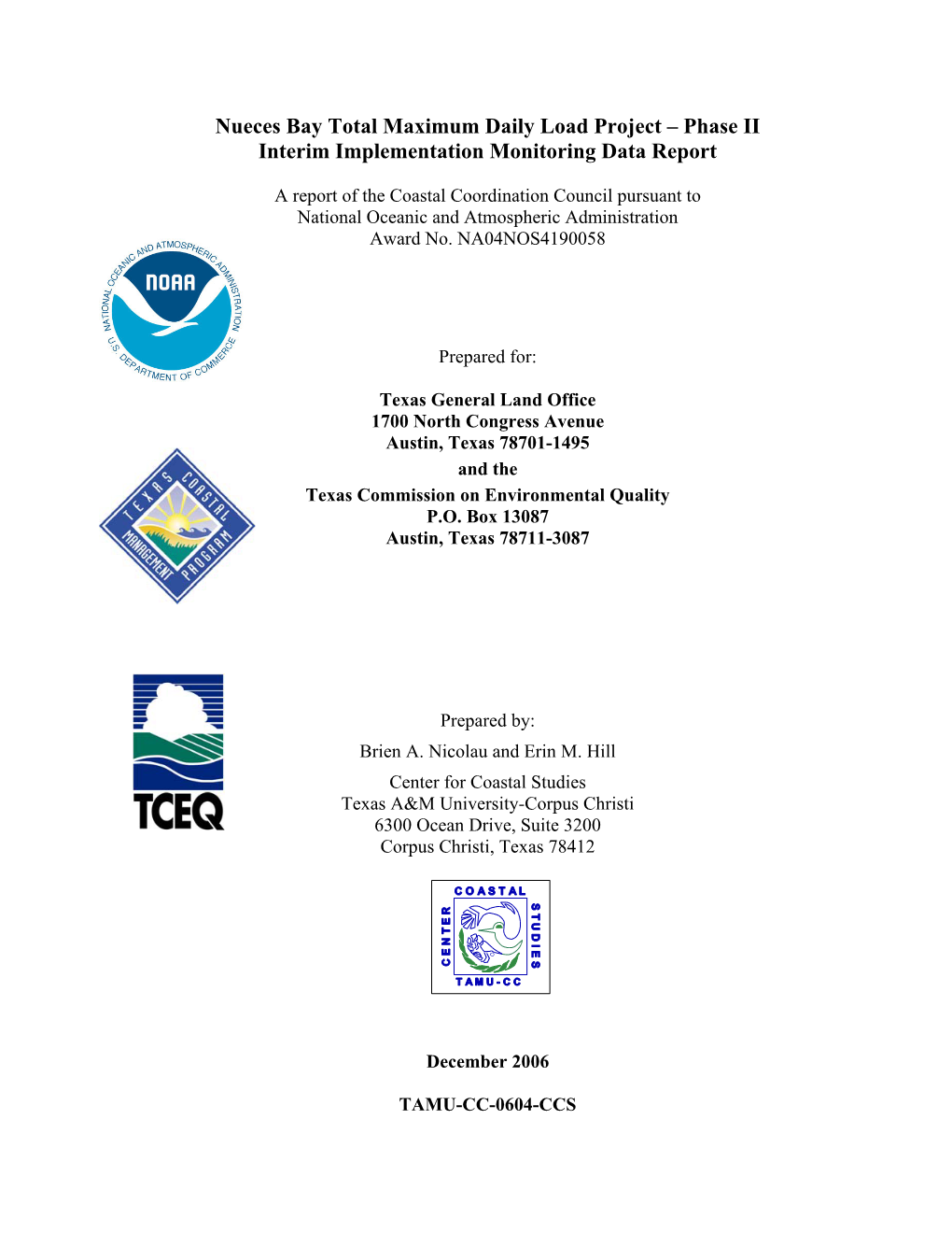 Nueces Bay Total Maximum Daily Load Project – Phase II Interim Implementation Monitoring Data Report