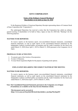 Notice of the Ordinary General Meeting of Shareholders to Be Held on June 26, 2020