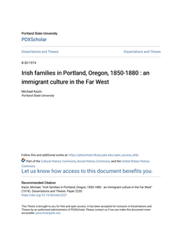 Irish Families in Portland, Oregon, 1850-1880 : an Immigrant Culture in the Far West