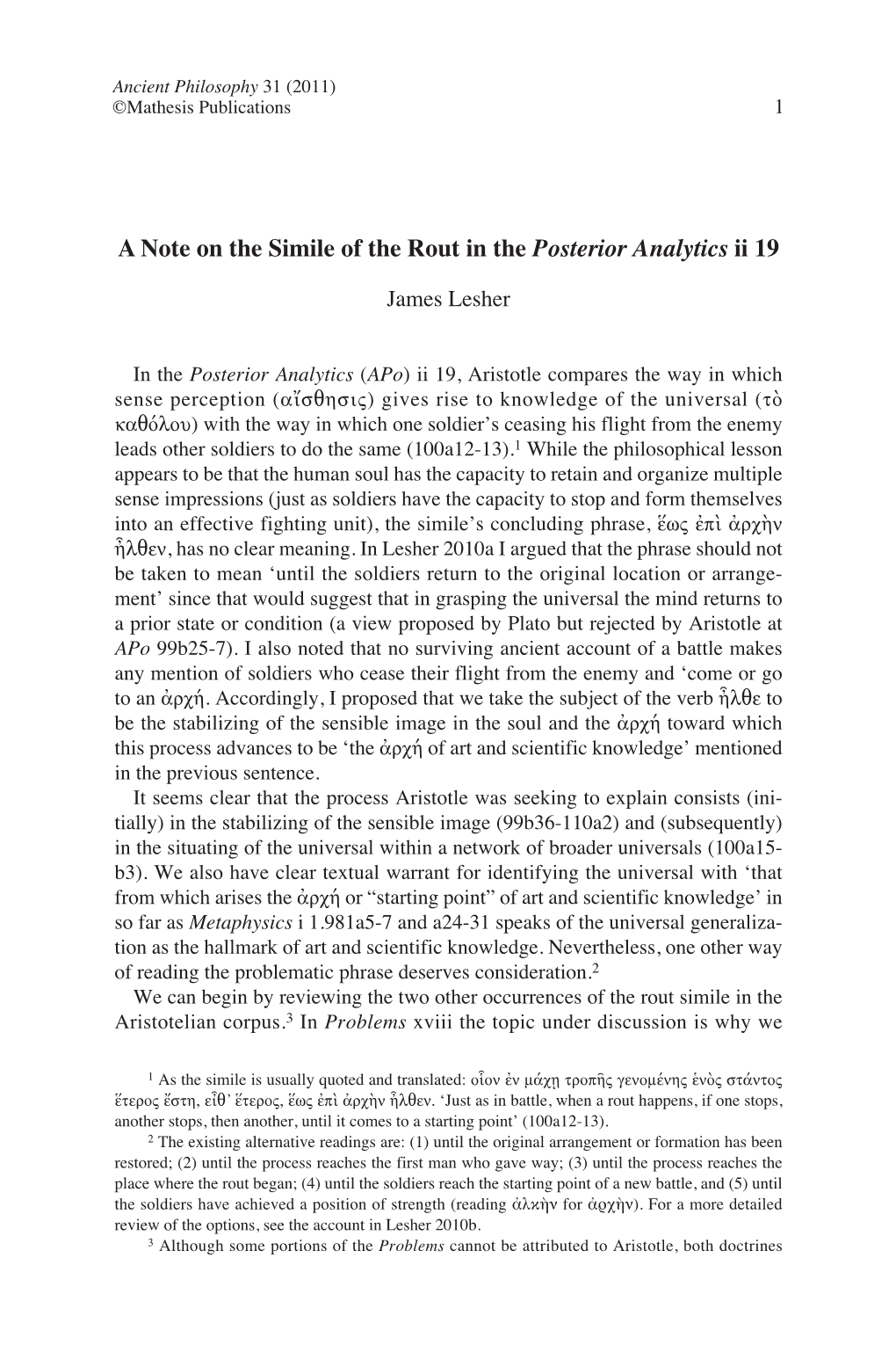 A Note on the Simile of the Rout in the Posterior Analytics Ii 19