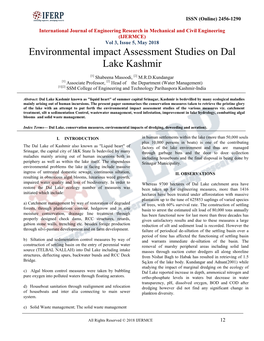 Environmental Impact Assessment Studies on Dal Lake Kashmir