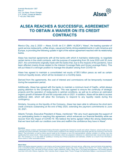Alsea Reaches a Successful Agreement to Obtain a Waiver on Its Credit Contracts
