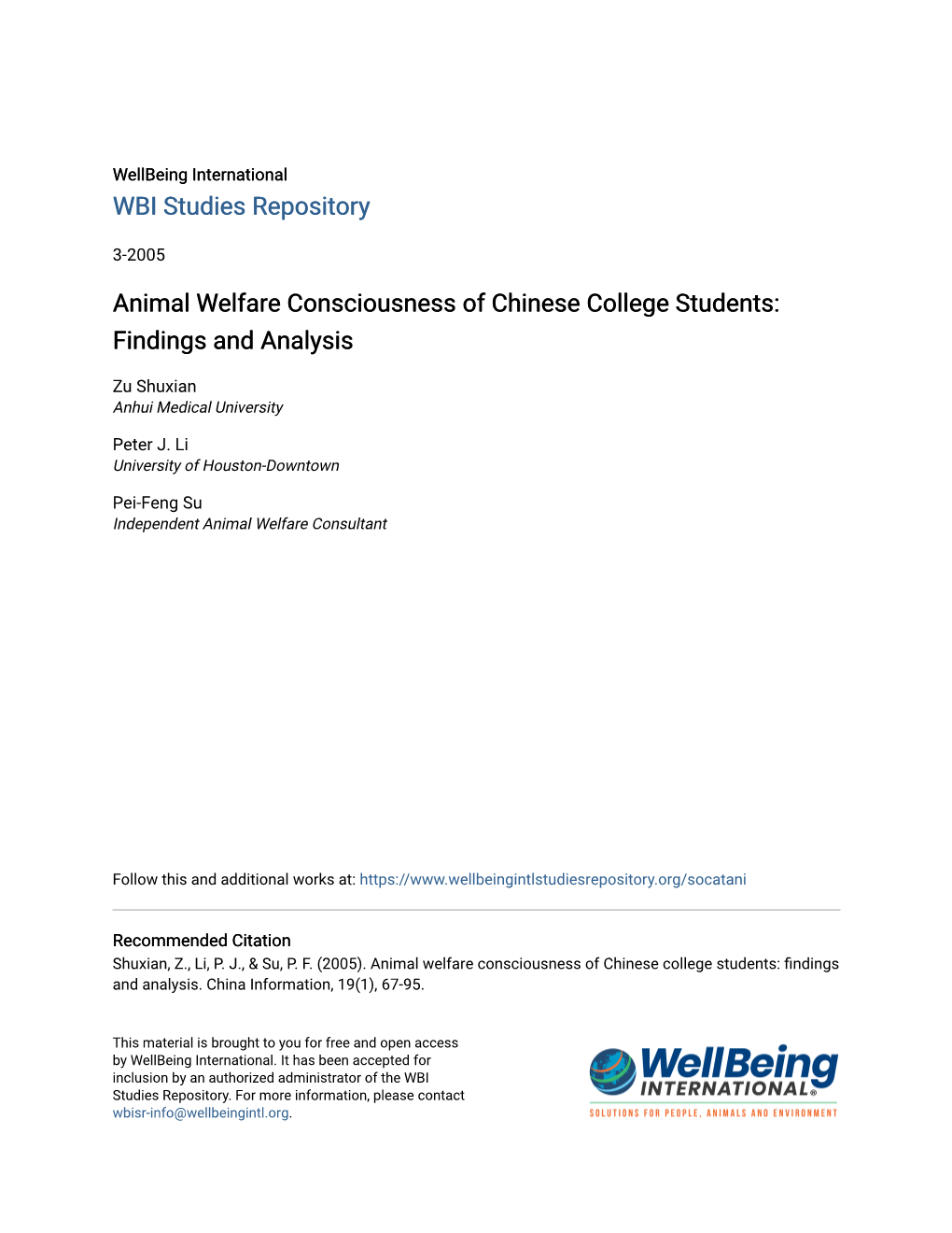 Animal Welfare Consciousness of Chinese College Students: Findings and Analysis
