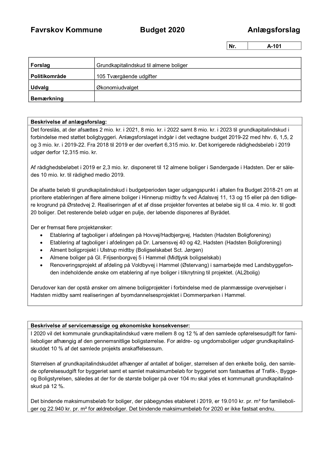 Favrskov Kommune Budget 2020 Anlægsforslag