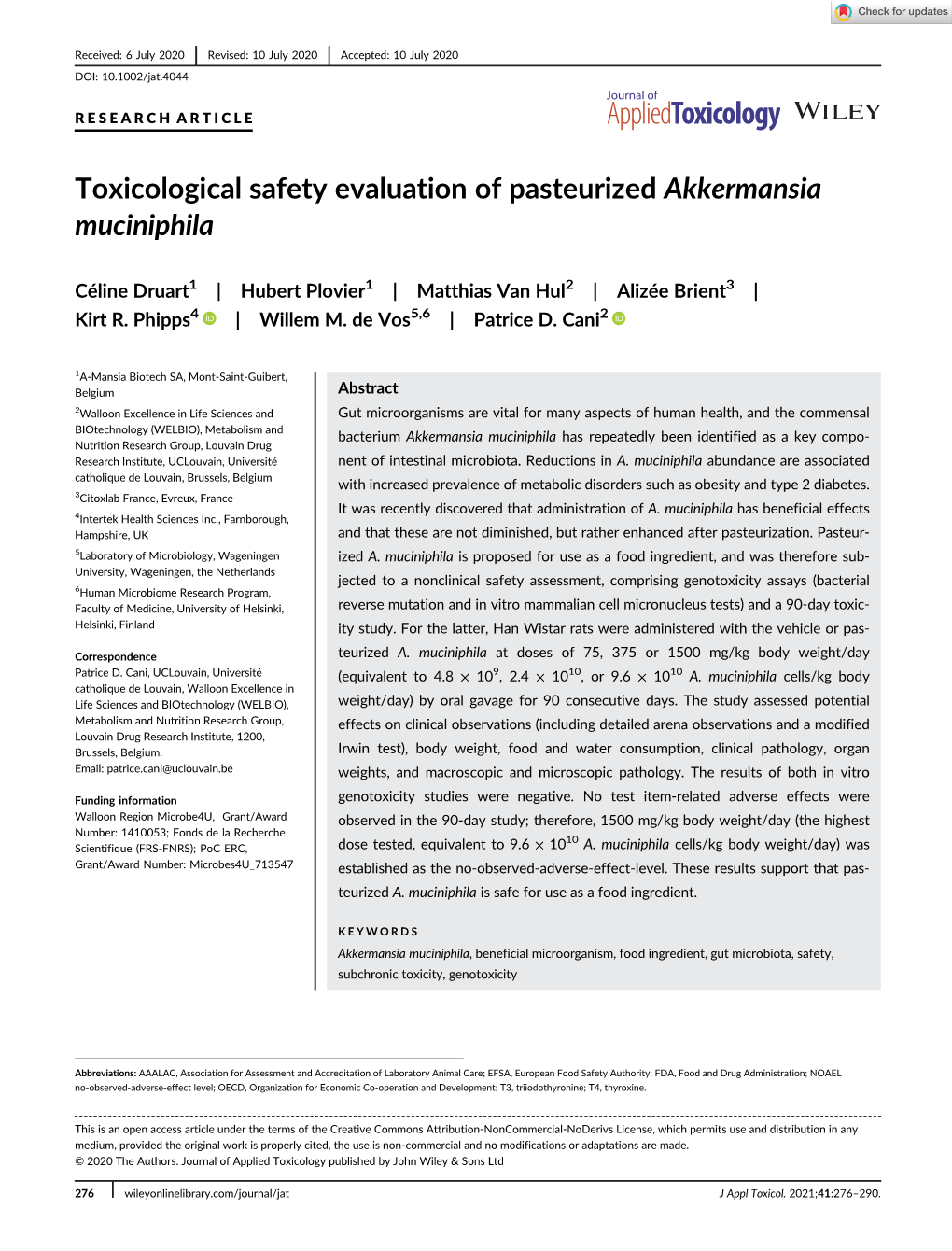 Toxicological Safety Evaluation of Pasteurized Akkermansia Muciniphila