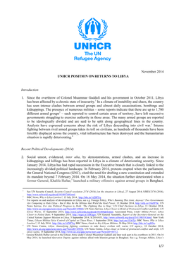 1/7 November 2014 UNHCR POSITION ON