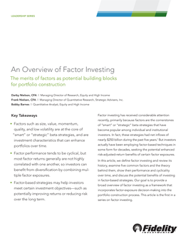Overview of Factor Investing the Merits of Factors As Potential Building Blocks for Portfolio Construction