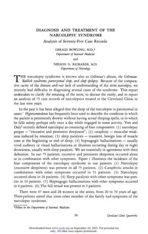 DIAGNOSIS and TREATMENT of the NARCOLEPSY SYNDROME Analysis of Seventy-Five Case Records