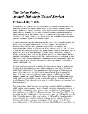 The Golem Psalms Avodath Hakodesh (Sacred Service) Performed May 7, 2006