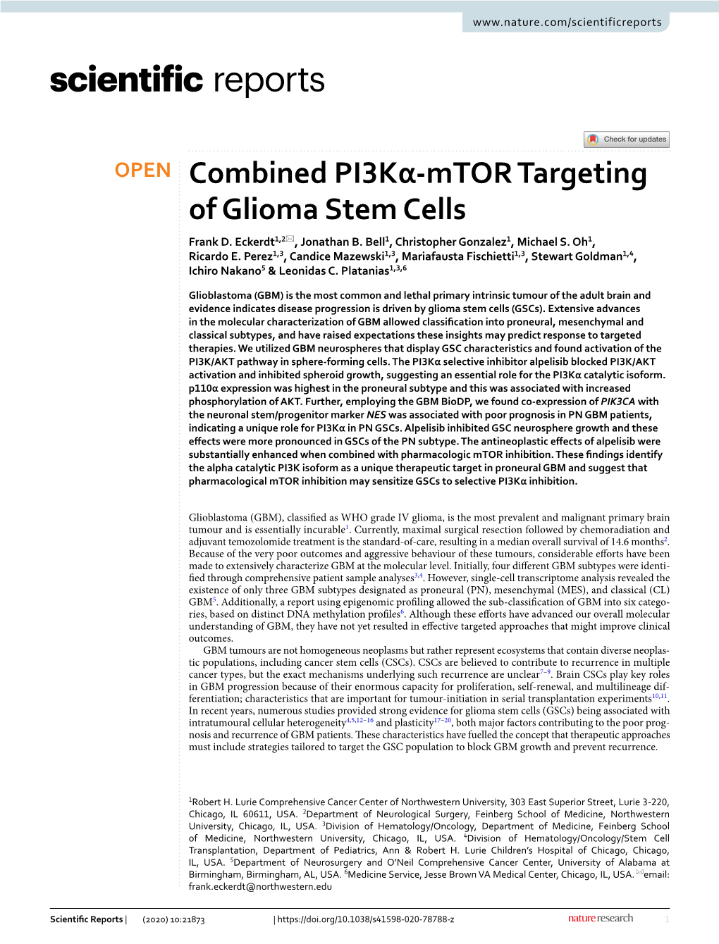 Combined Pi3kα-Mtor Targeting of Glioma Stem Cells