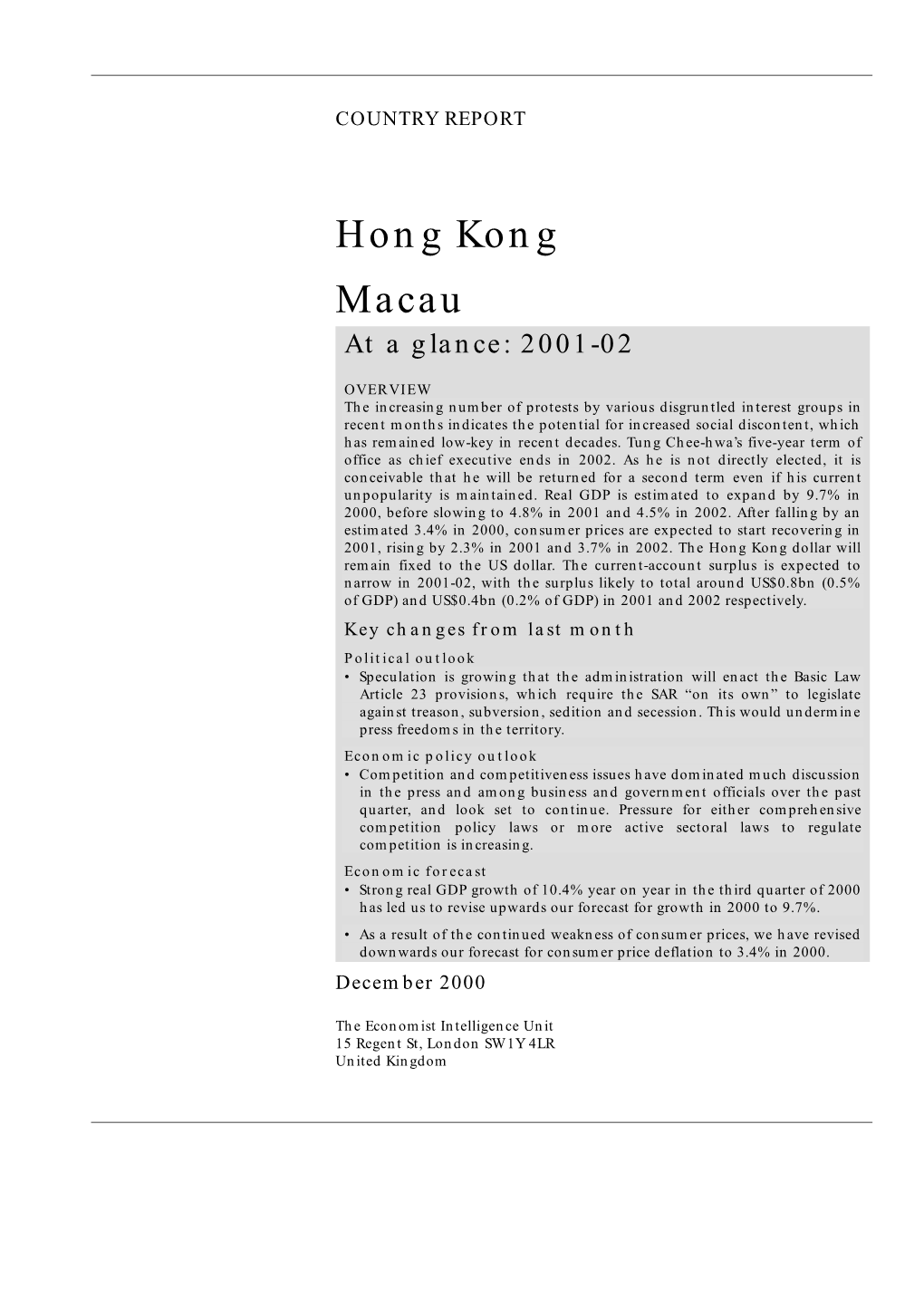 Hong Kong Macau at a Glance: 2001-02