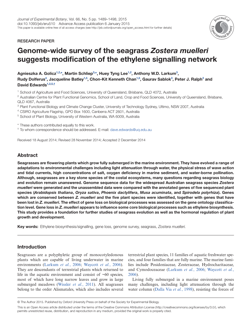 Genome-Wide Survey of the Seagrass Zostera Muelleri Suggests Modification of the Ethylene Signalling Network