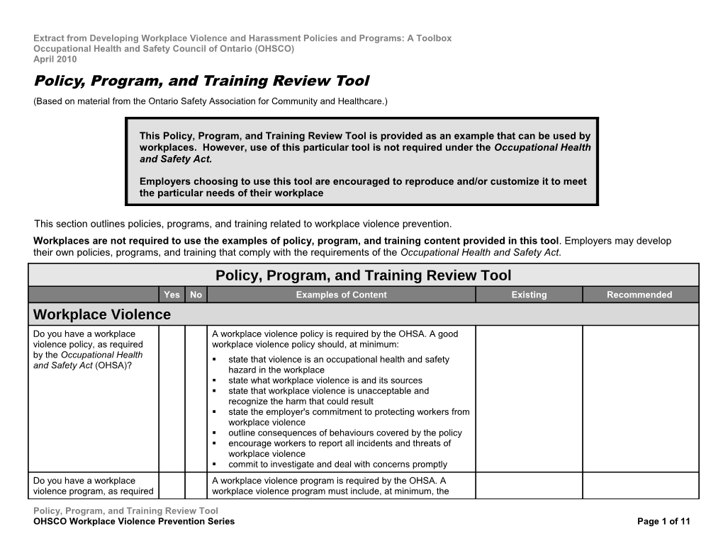 Policy, Program, and Training Review Tool Extract from Developing Workplace Violence And