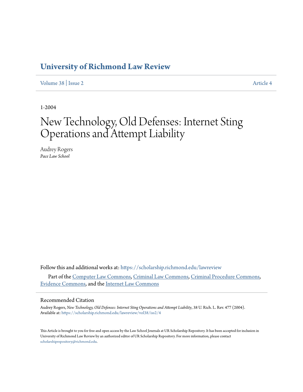 Internet Sting Operations and Attempt Liability Audrey Rogers Pace Law School