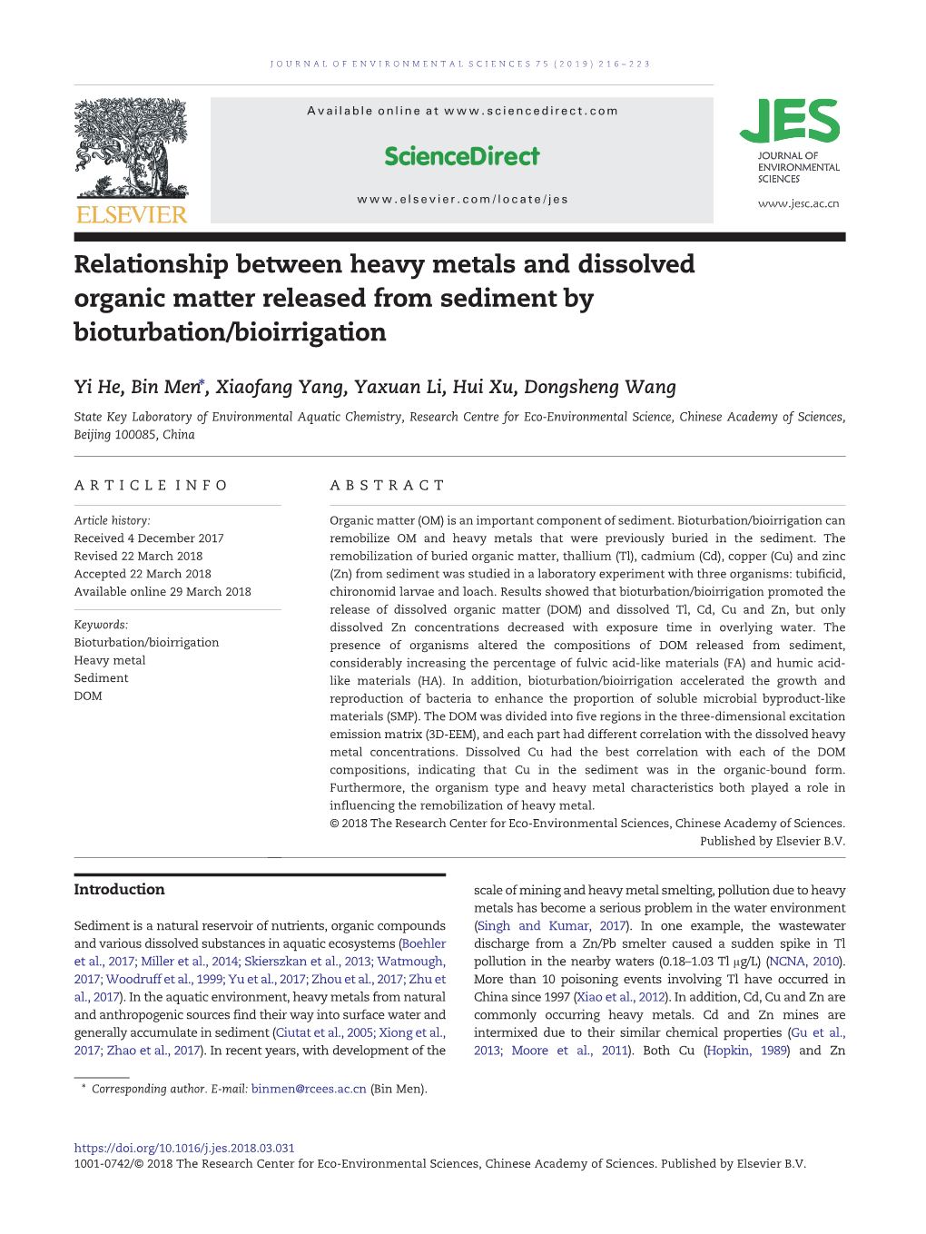 Relationship Between Heavy Metals and Dissolved Organic Matter Released from Sediment by Bioturbation/Bioirrigation