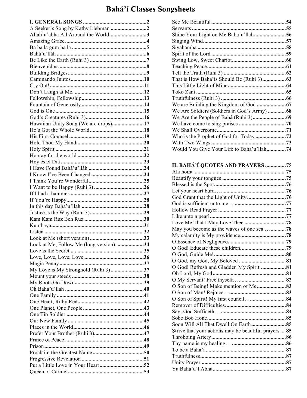 Bahá'í Classes Songsheets