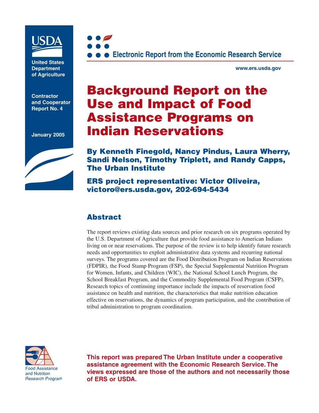 Background Report on the Use and Impact of Food Assistance Programs on Indian Reservations