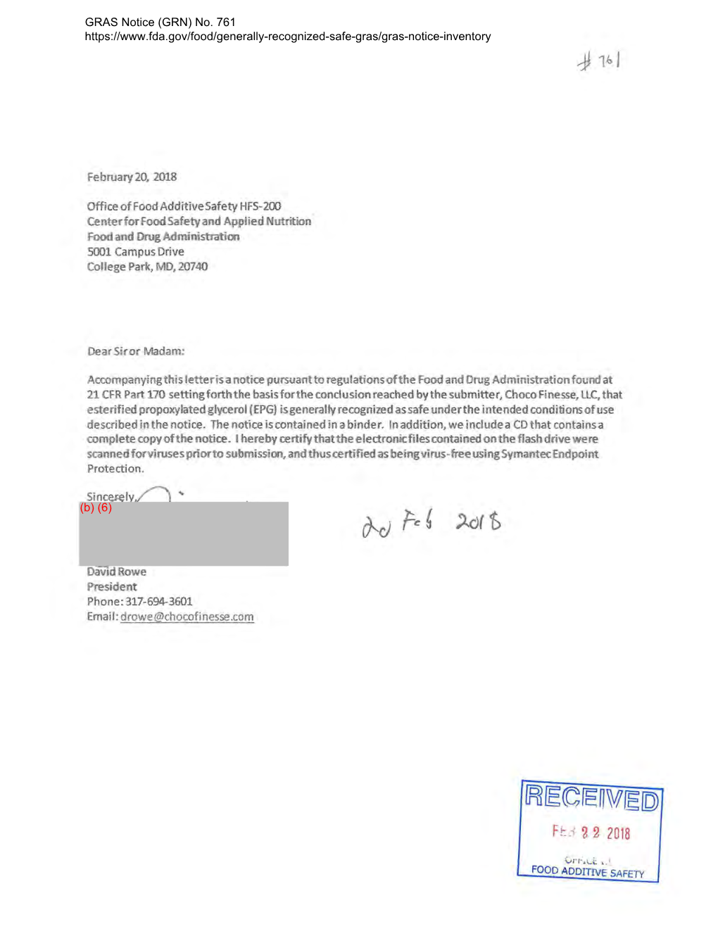 GRAS Notice (GRN) No. 761, Esterified Propoxylated Glycerol