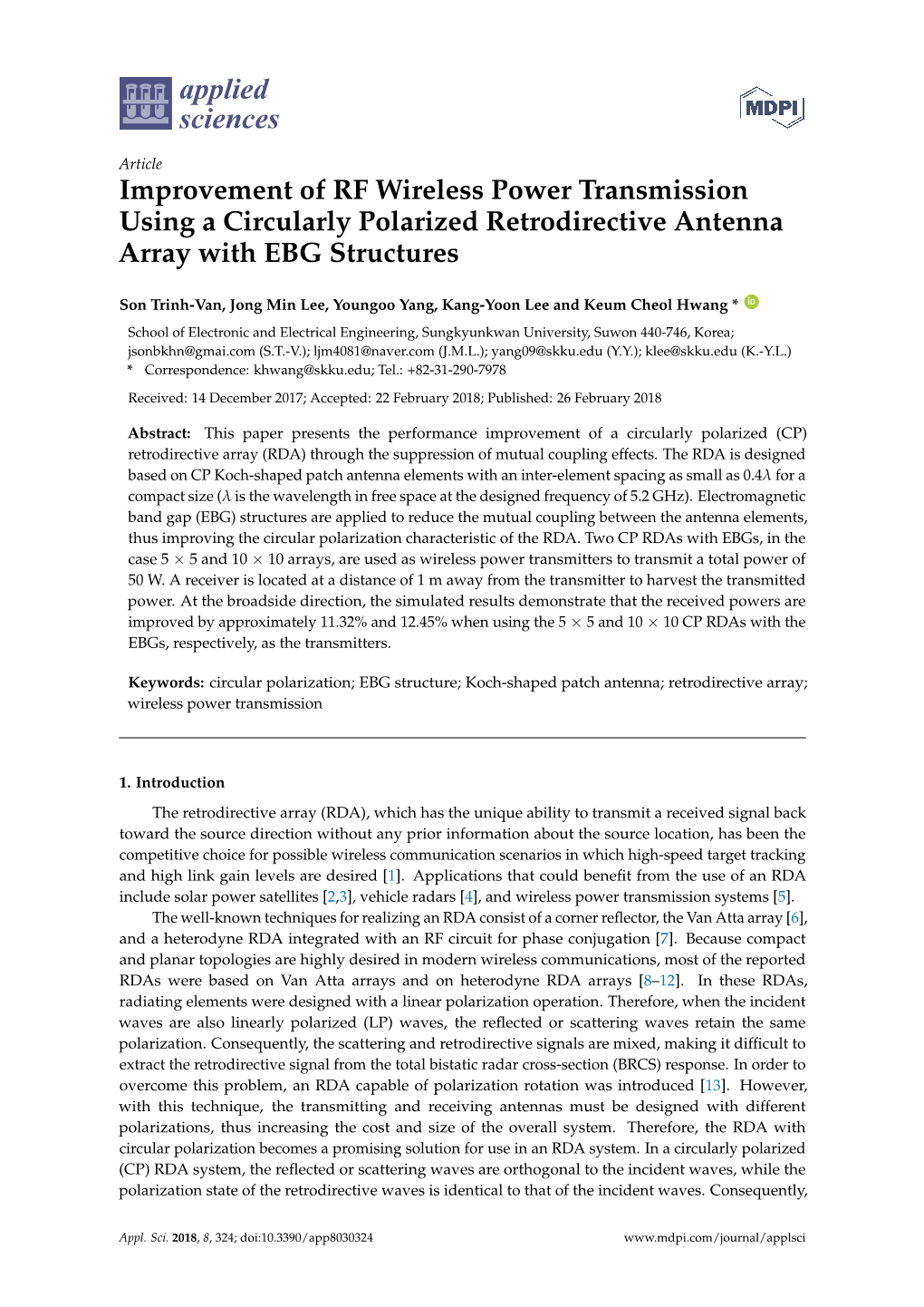 Improvement of RF Wireless Power Transmission Using a Circularly Polarized Retrodirective Antenna Array with EBG Structures