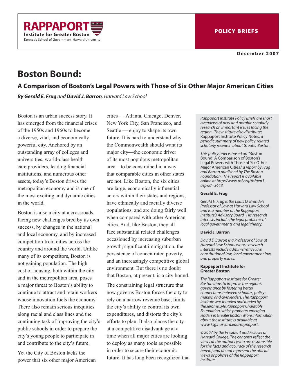 Boston Bound: a Comparison of Boston’S Legal Powers with Those of Six Other Major American Cities by Gerald E