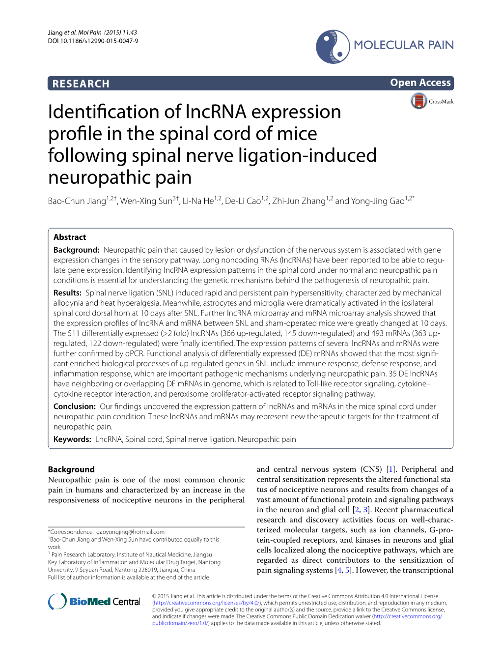 Identification of Lncrna Expression Profile in the Spinal Cord of Mice