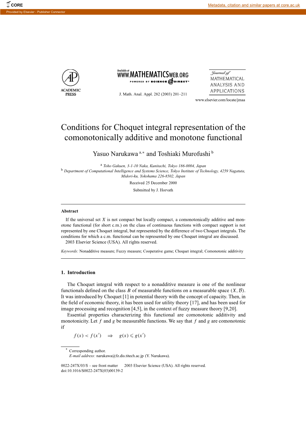 Conditions for Choquet Integral Representation of the Comonotonically Additive and Monotone Functional