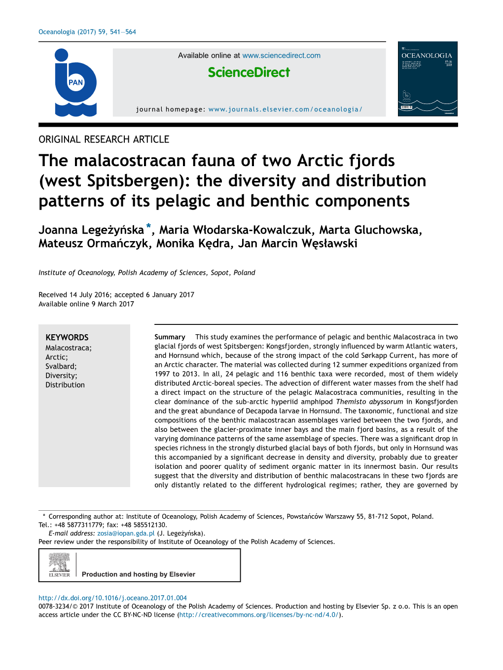 The Malacostracan Fauna of Two Arctic Fjords (West Spitsbergen): The