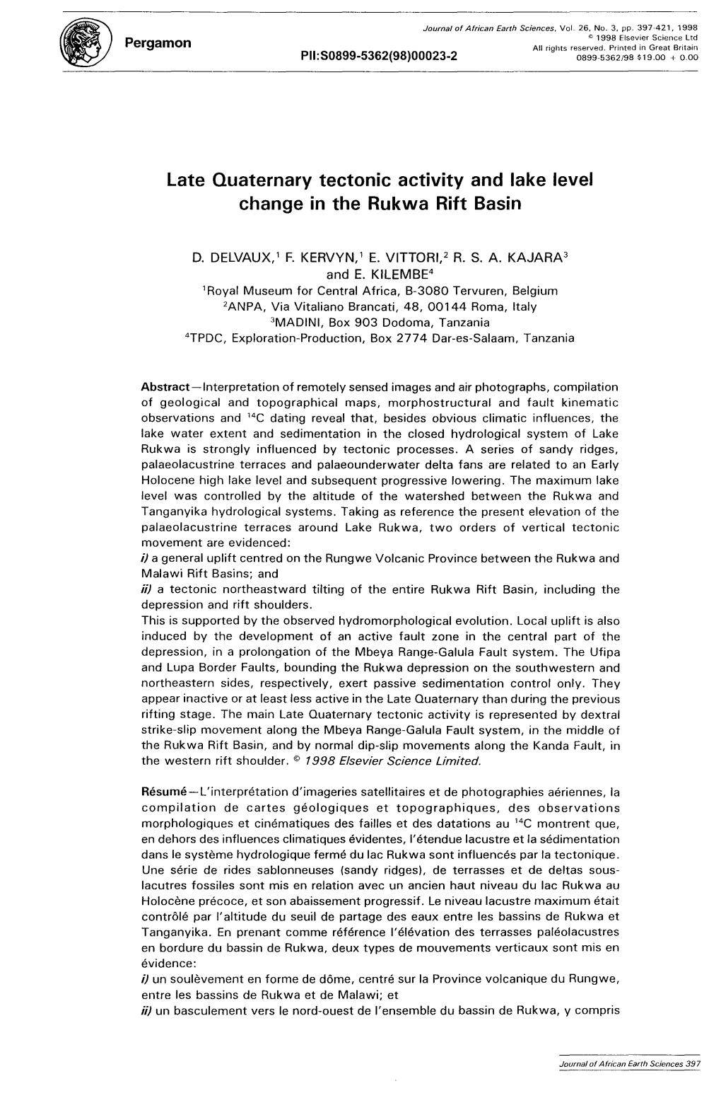 Late Quaternary Tectonic Activity and Lake Level Change in the Rukwa Rift Basin