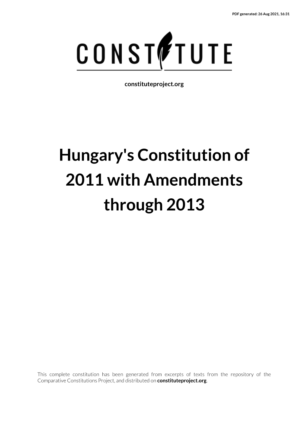 Hungary's Constitution of 2011 with Amendments Through 2013