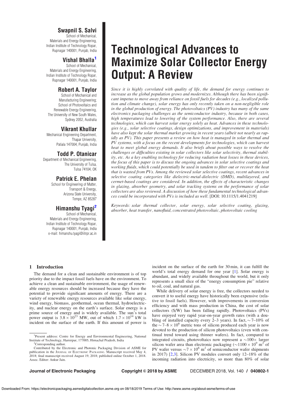 Technological Advances to Maximize Solar Collector Energy Output