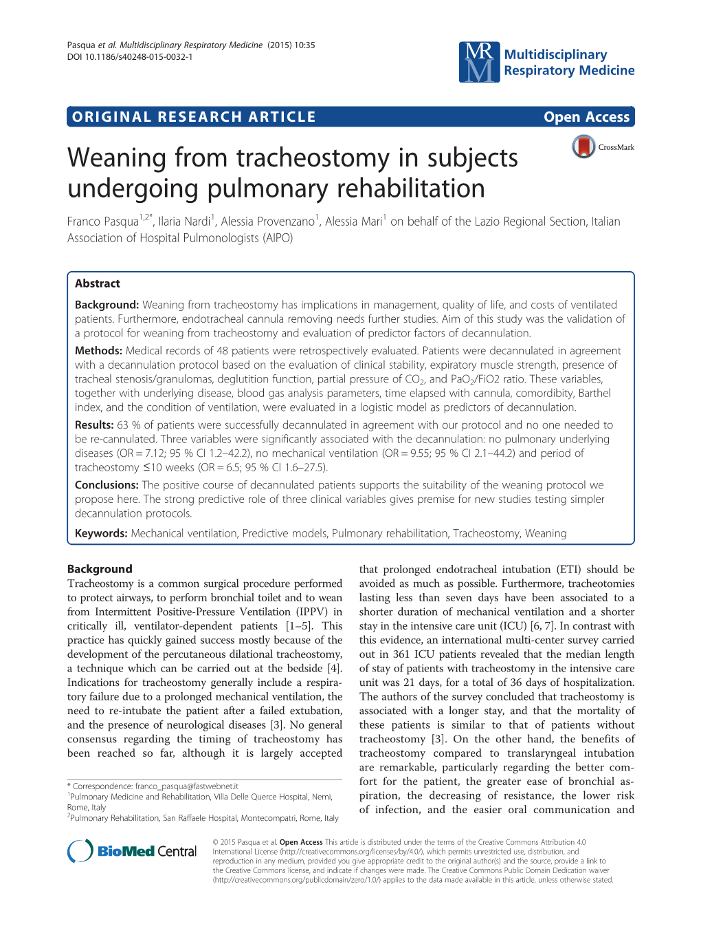 Weaning from Tracheostomy in Subjects Undergoing Pulmonary